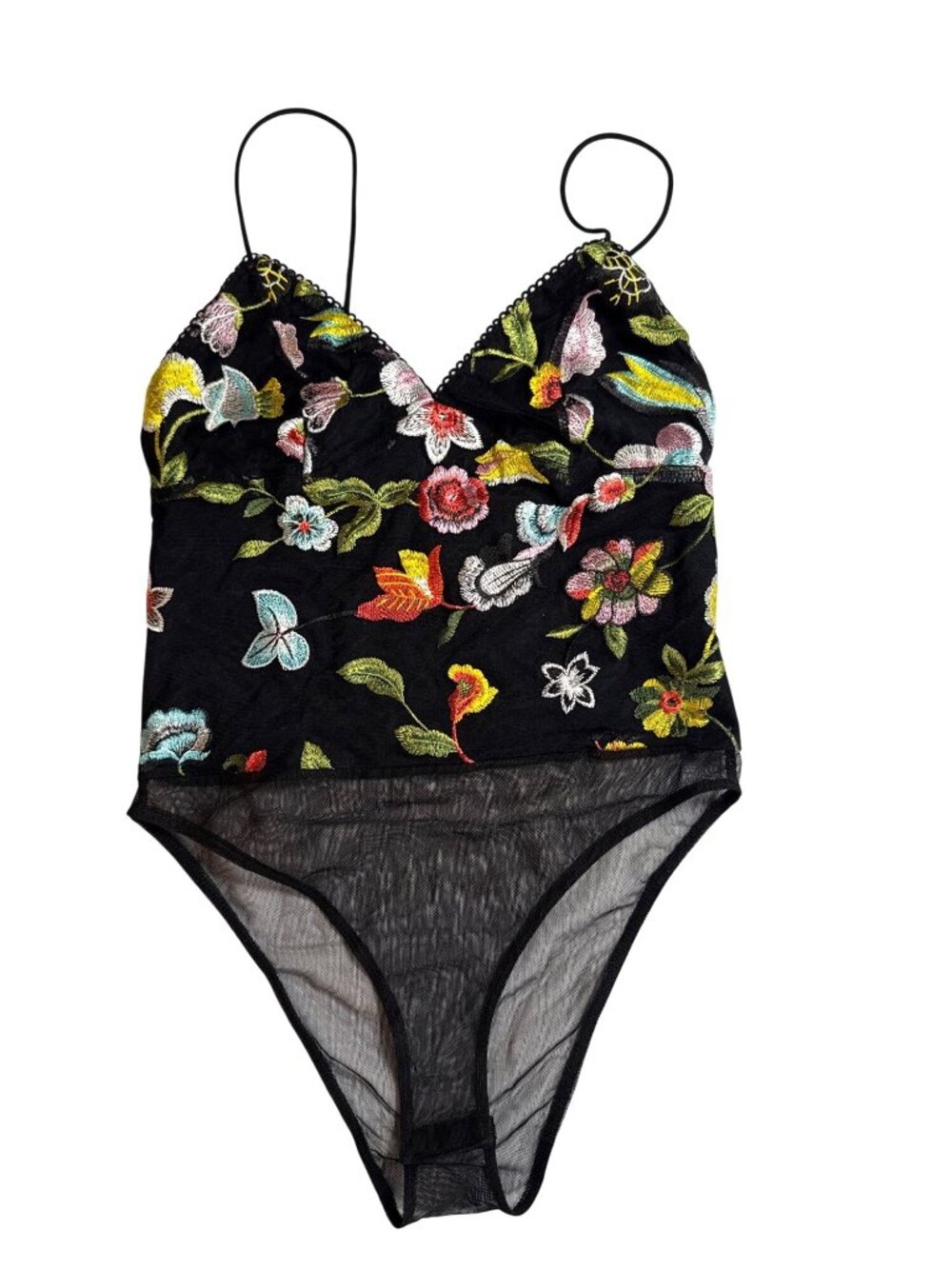 Topshop Black Mesh Floral Embroidered Bodysuit With Spaghetti Straps Size US 6